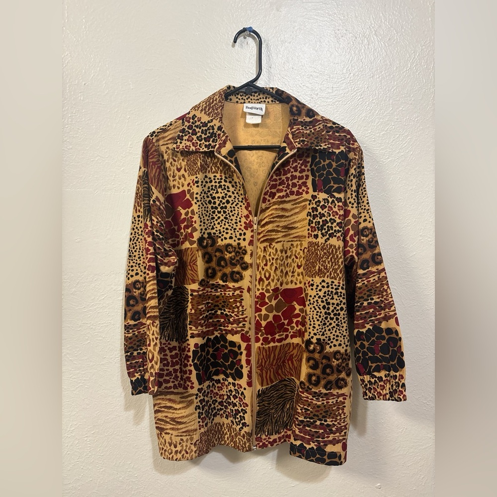 Bon Worth Patch Animal Print Zipper Front Collared Jacket